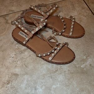 Steve Madden Nude/Tan Pearl-Studded Strappy Flat Sandals